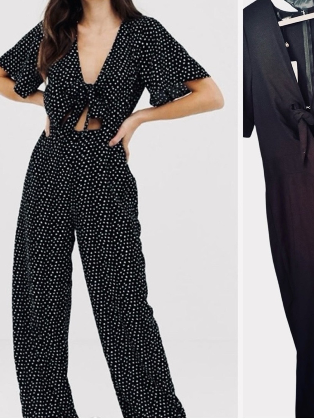 FASHION UNION Black Jumpsuit w Plunge V-neck Tie Front